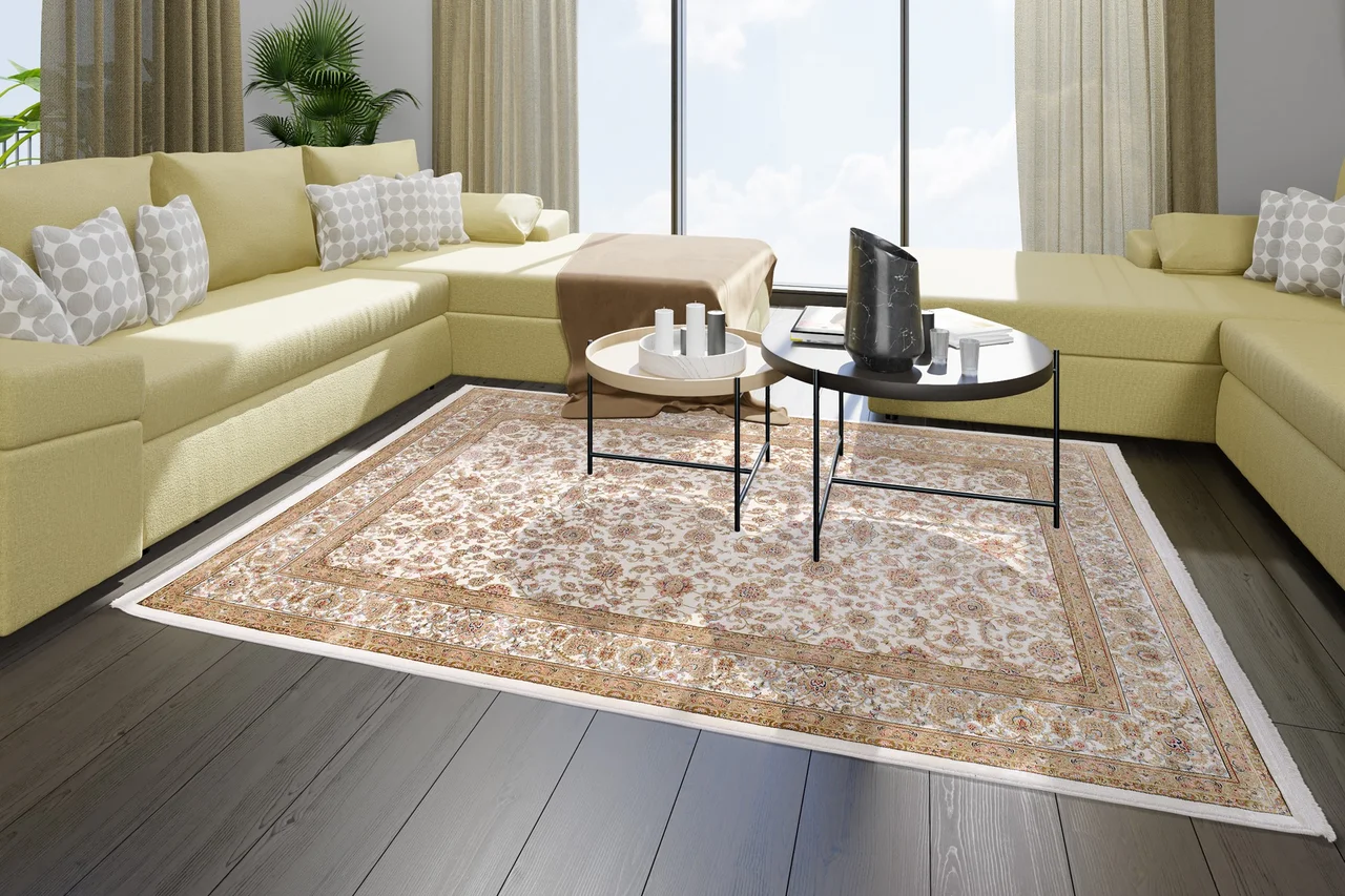 Illustration - Ihr Experte für schönes Wohnen - Ein braun beige gemusterter orientalischer Teppich liegt in einem modernen Wohnzimmer mit gelber Couch.